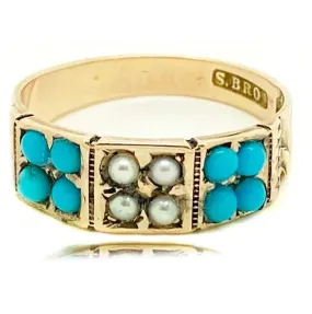 Antique Victorian Turquoise & Pearl 9ct Gold Ring