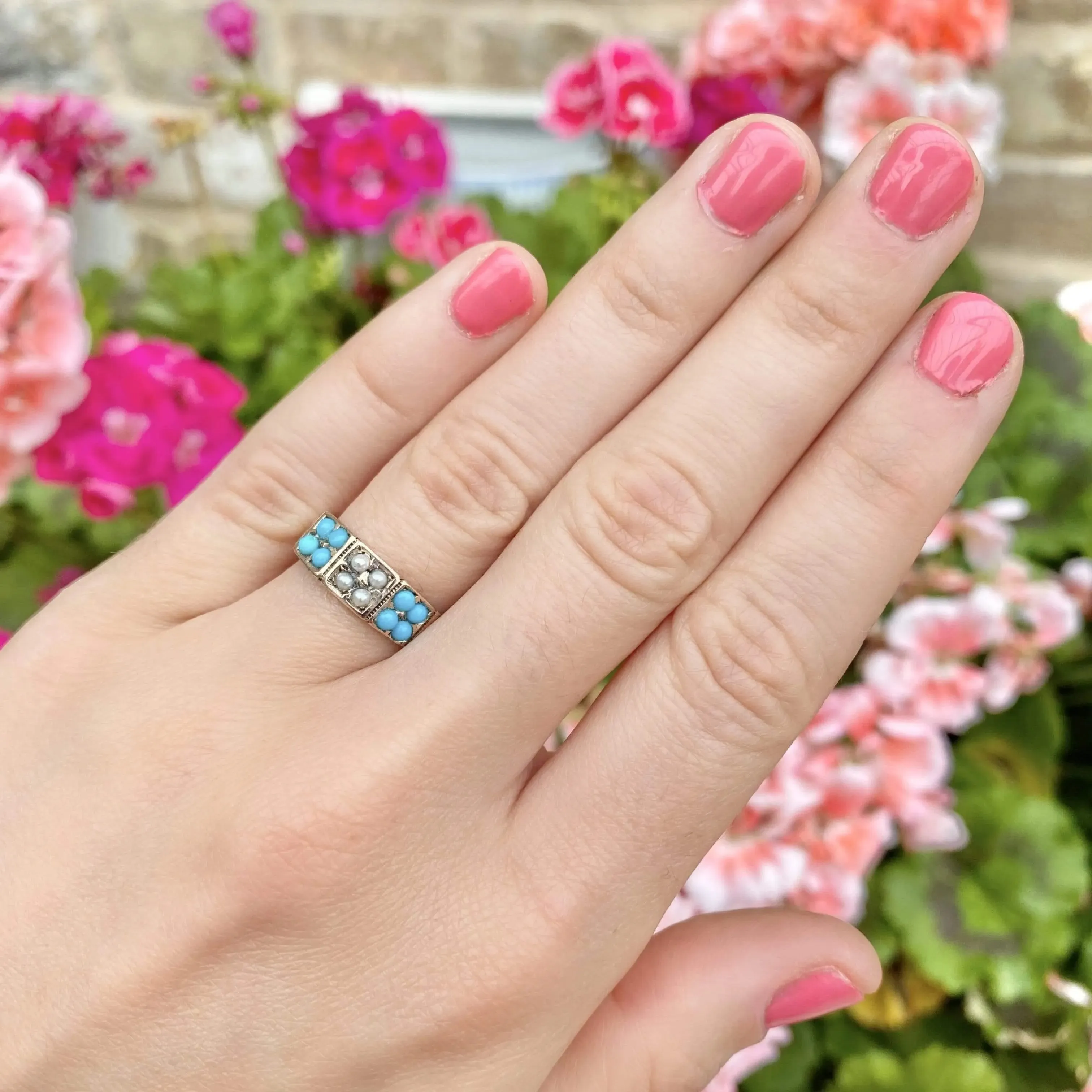 Antique Victorian Turquoise & Pearl 9ct Gold Ring
