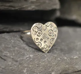 Big Heart Ring - Silver Heart Ring, Floral Pattern Heart Ring