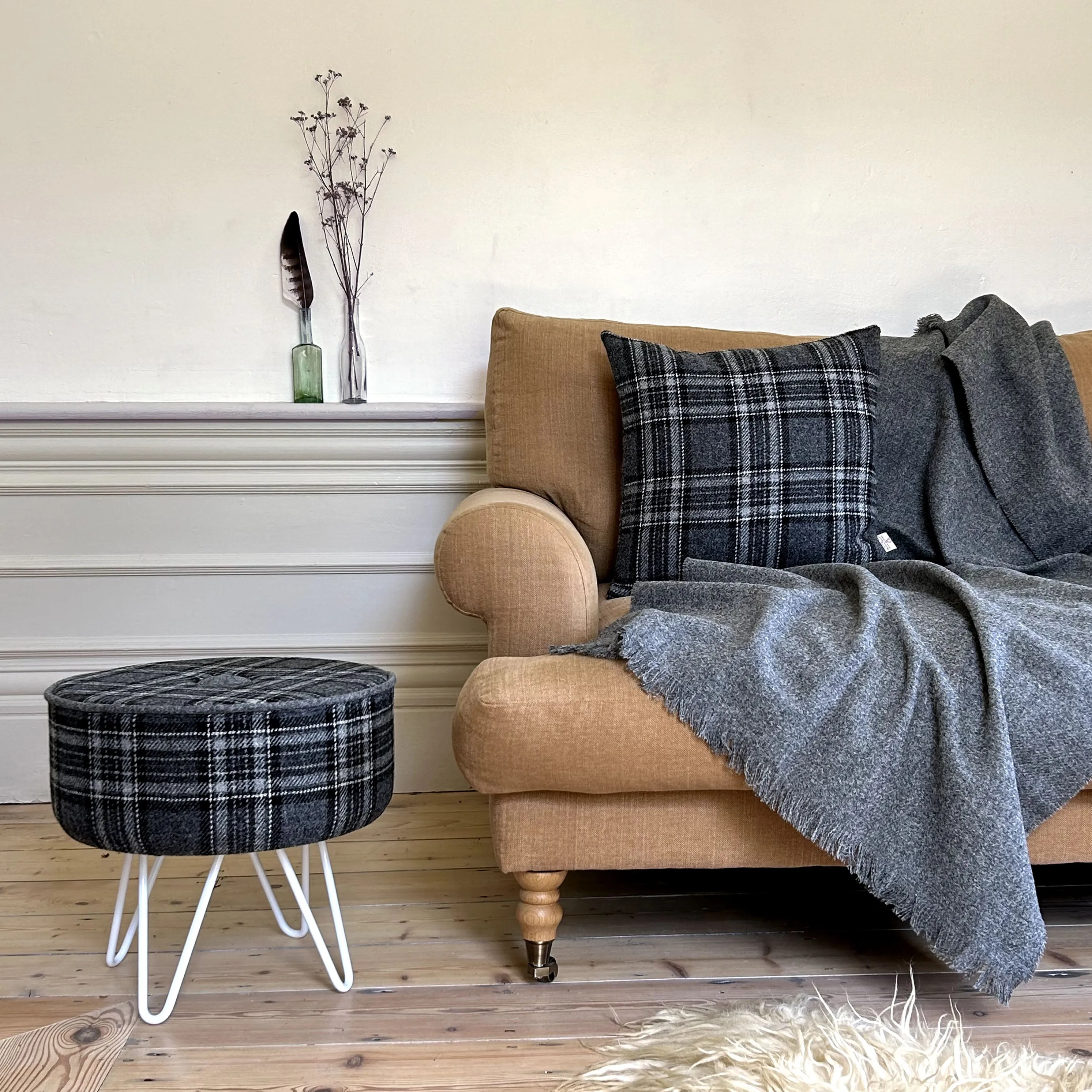 Birch Tartan Footstool with Button