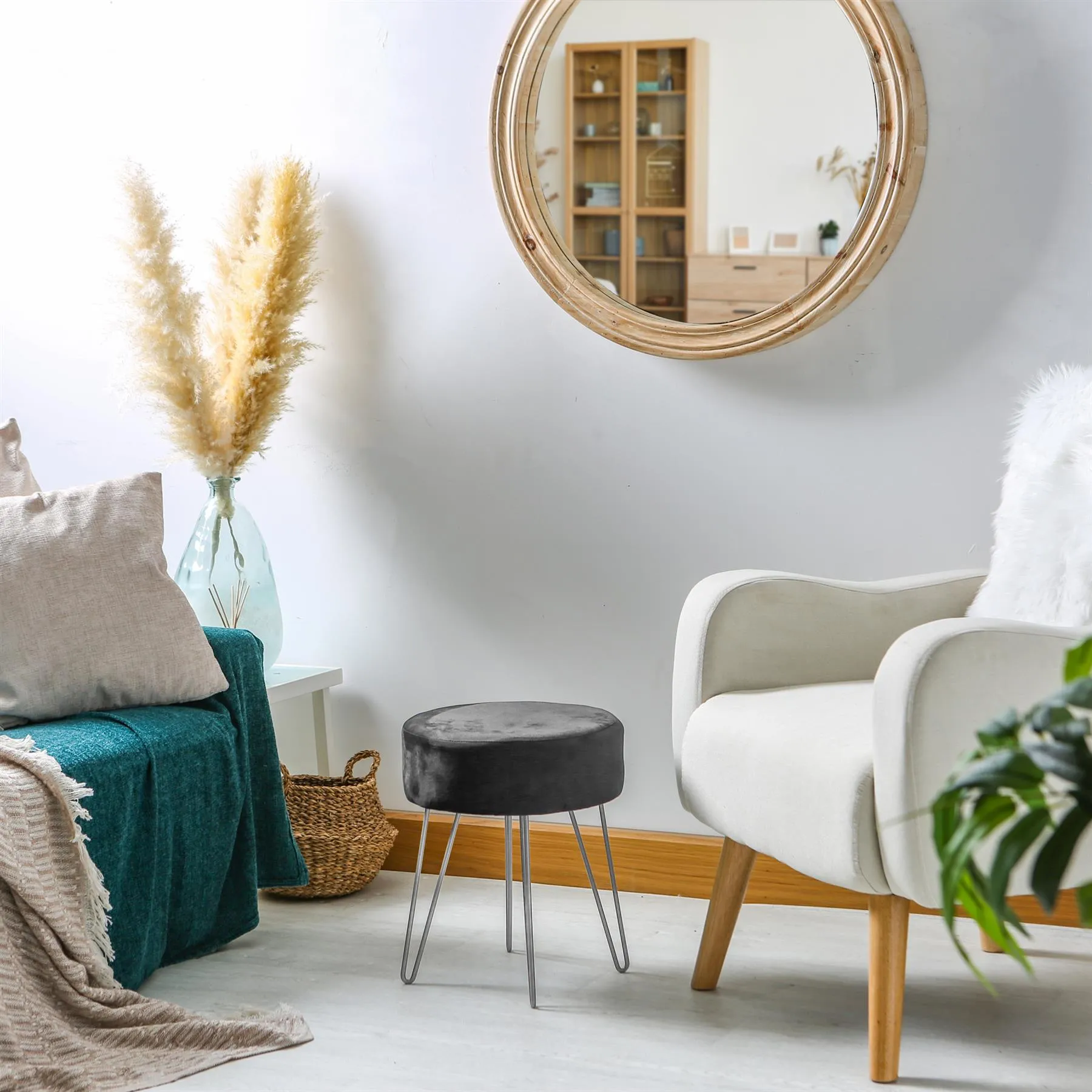 Black Round Velvet Footstool - By Harbour Housewares