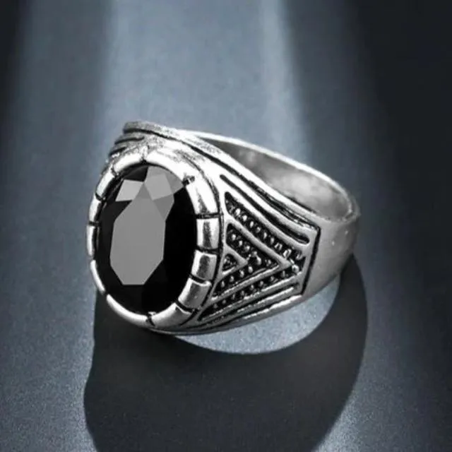 Black Stone Men's Silver Ring