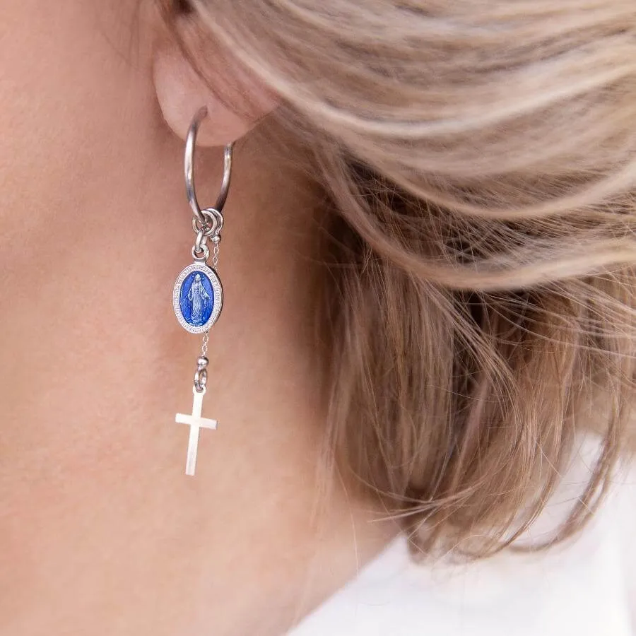 BLUE MIRACULOUS MEDAL - HOOP EARRINGS - SILVER