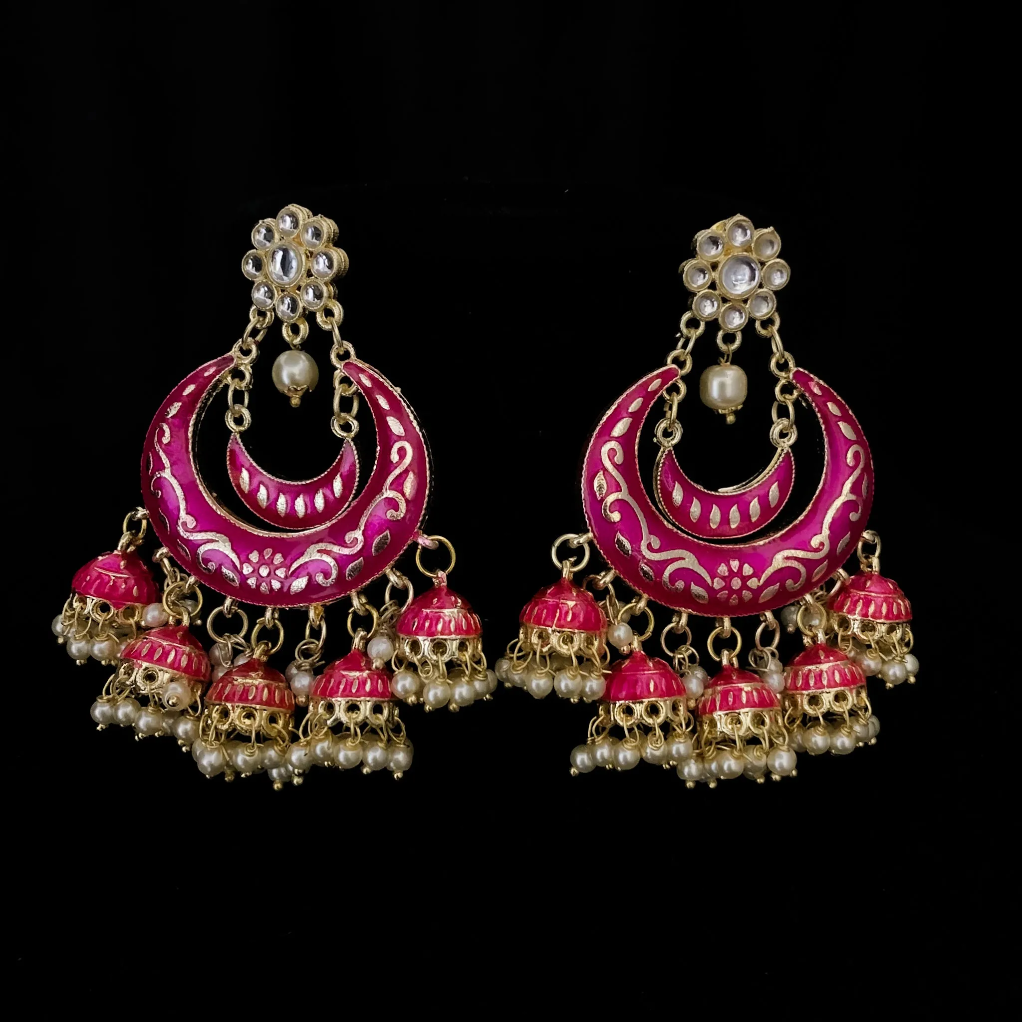 Bollywood Style Hot Pink Hand-painted Chaandbali Earring with Jhumka with Kundan stud