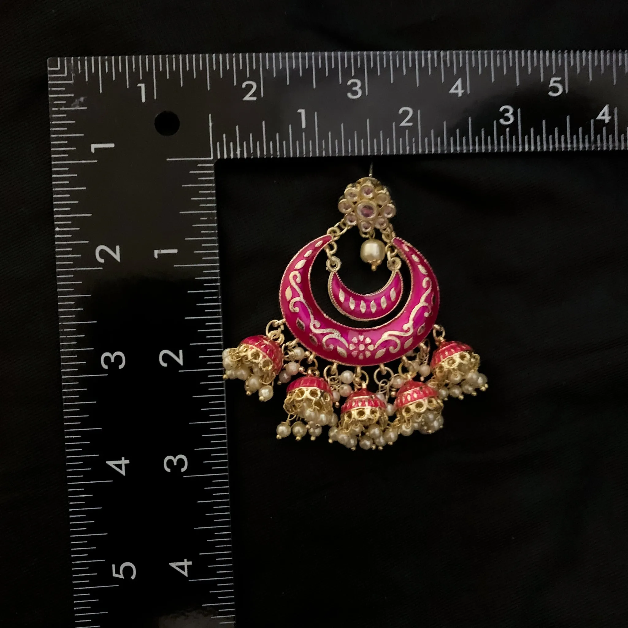 Bollywood Style Hot Pink Hand-painted Chaandbali Earring with Jhumka with Kundan stud