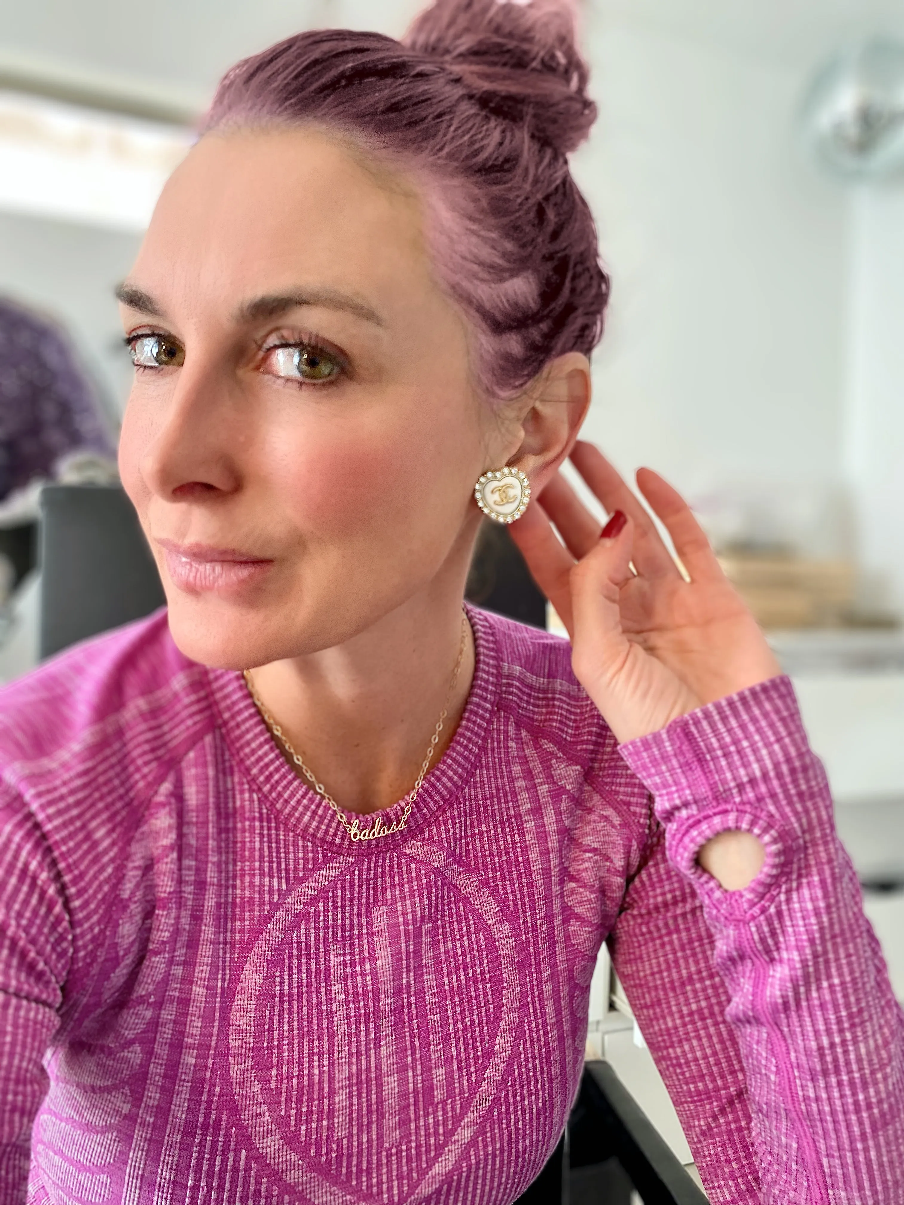 CC White Heart Pearl Button Earrings
