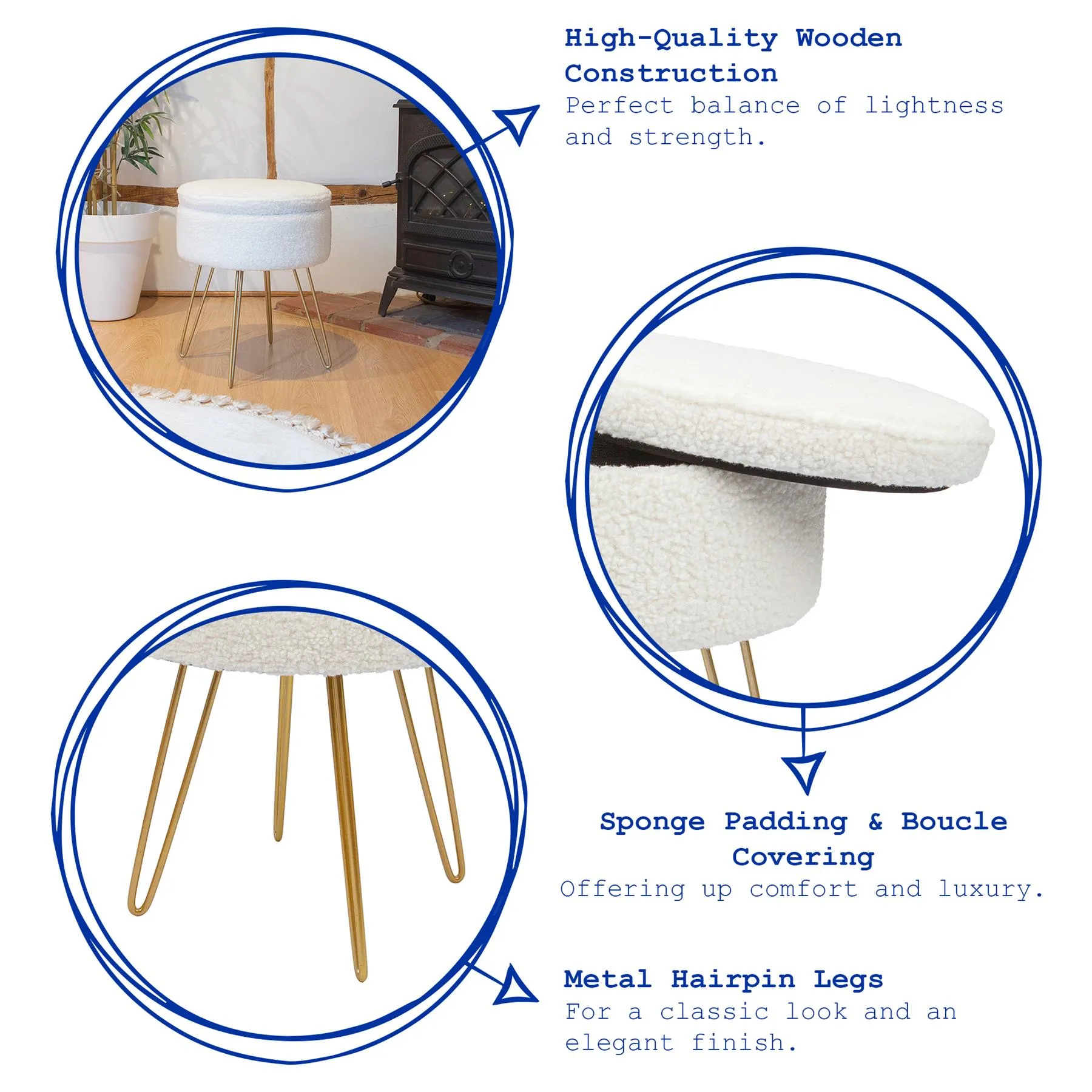 Cream H46 x D37cm Round Boucle Storage Footstool - By Harbour Housewares