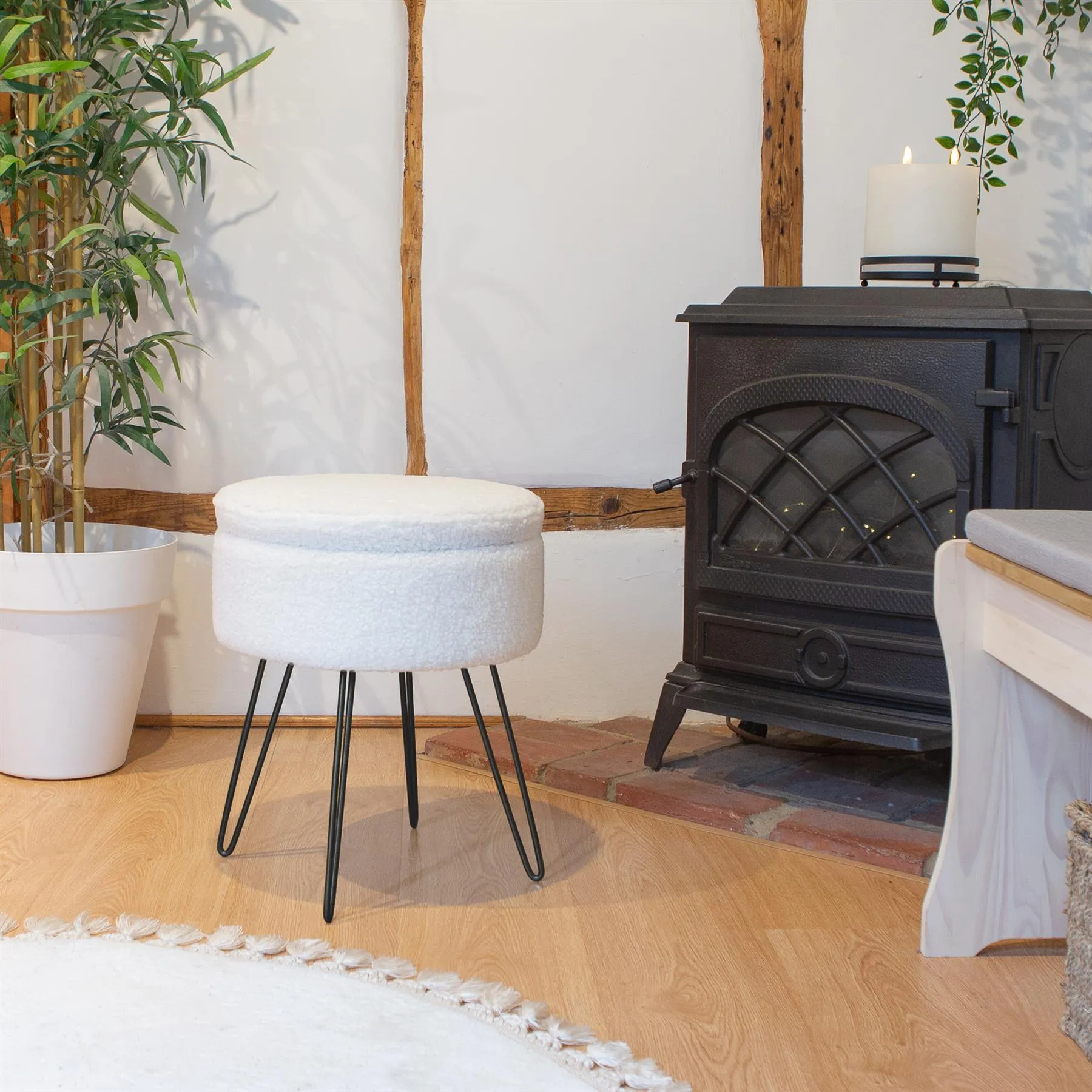 Cream H46 x D37cm Round Boucle Storage Footstool - By Harbour Housewares