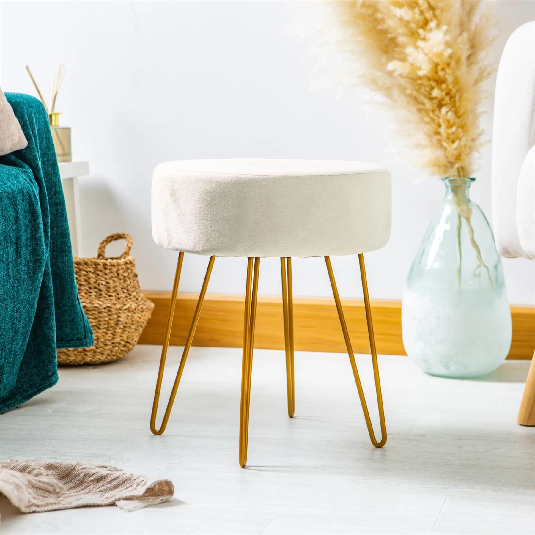 Cream Round Velvet Footstool - By Harbour Housewares