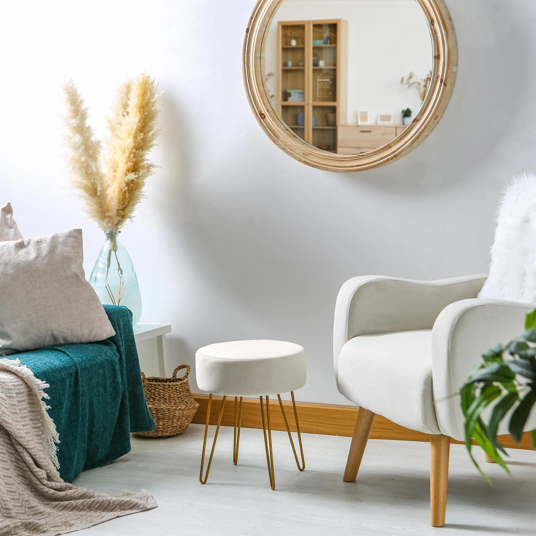 Cream Round Velvet Footstool - By Harbour Housewares