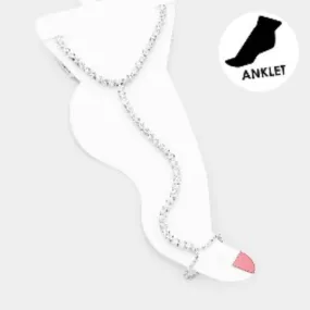 Crystal Rhinestone Net Toe Ring Evening Anklet - Clear / Silver