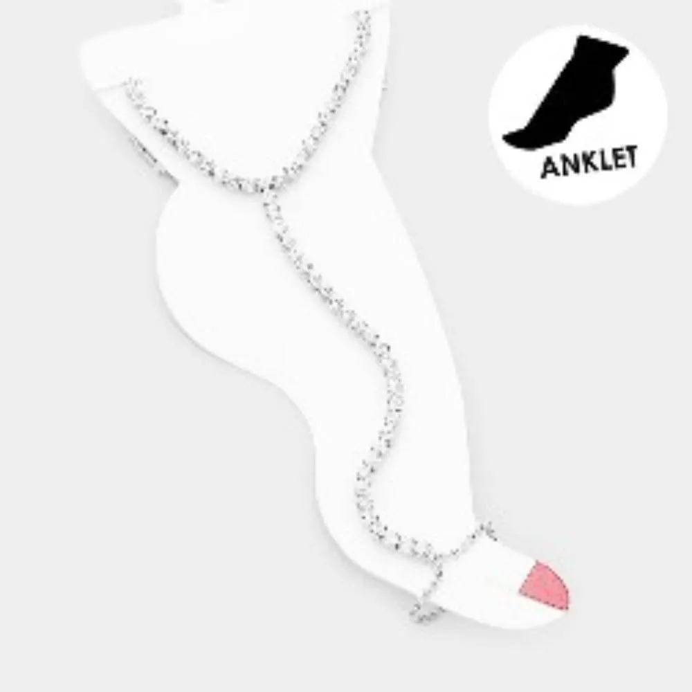 Crystal Rhinestone Net Toe Ring Evening Anklet - Clear / Silver