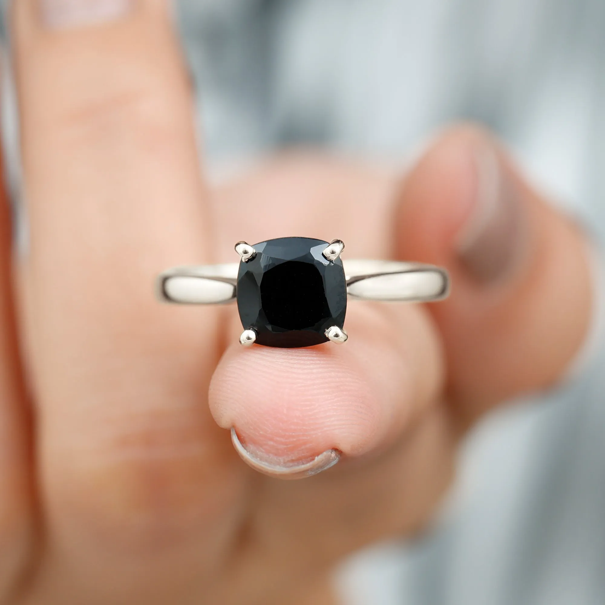 Cushion Cut Black Spinel Solitaire Ring with Surprise Diamond