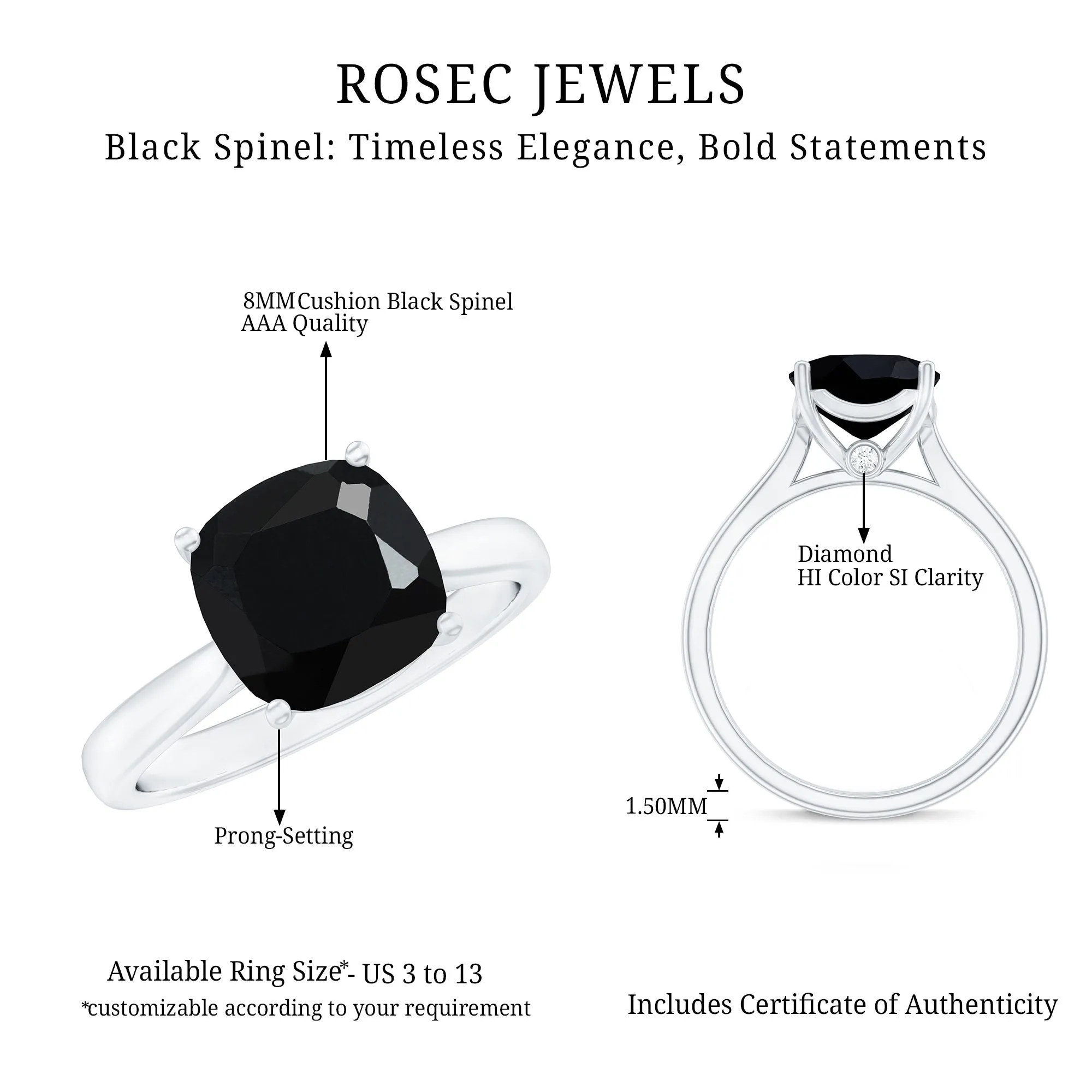 Cushion Cut Black Spinel Solitaire Ring with Surprise Diamond