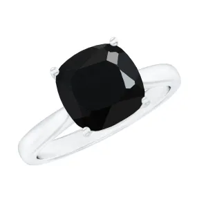 Cushion Cut Black Spinel Solitaire Ring with Surprise Diamond