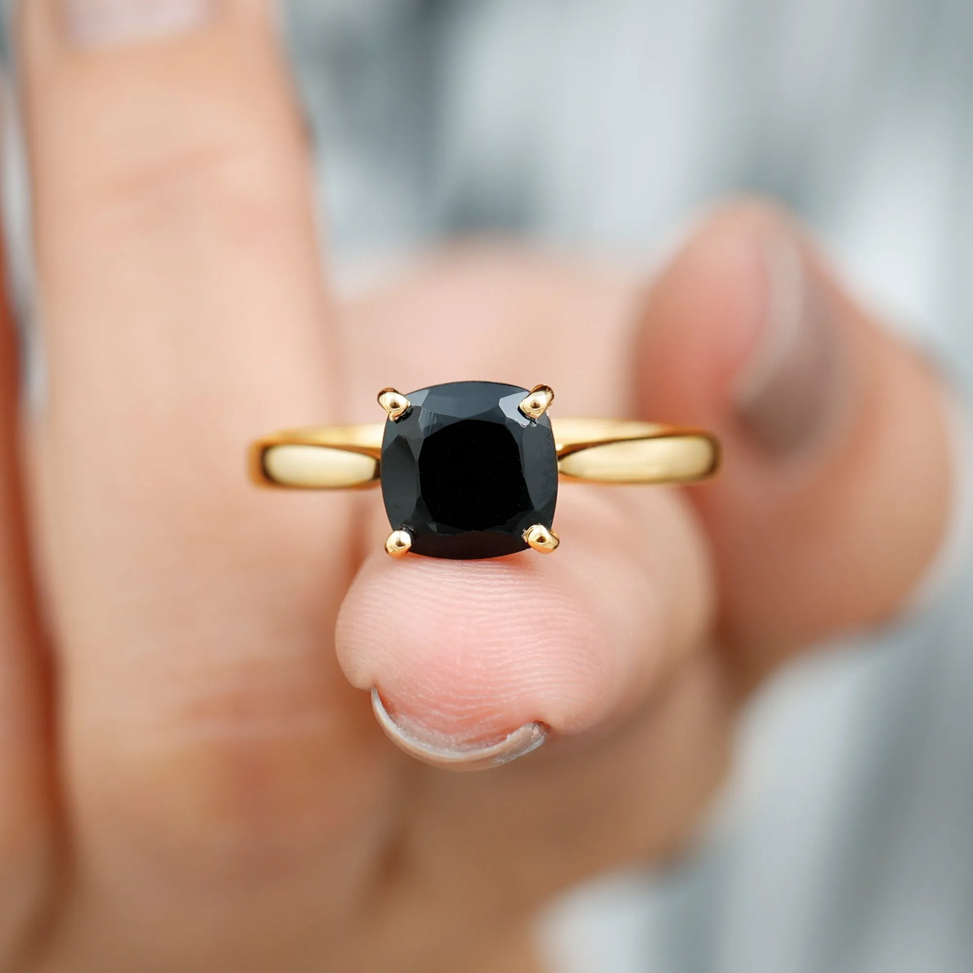 Cushion Cut Black Spinel Solitaire Ring with Surprise Diamond
