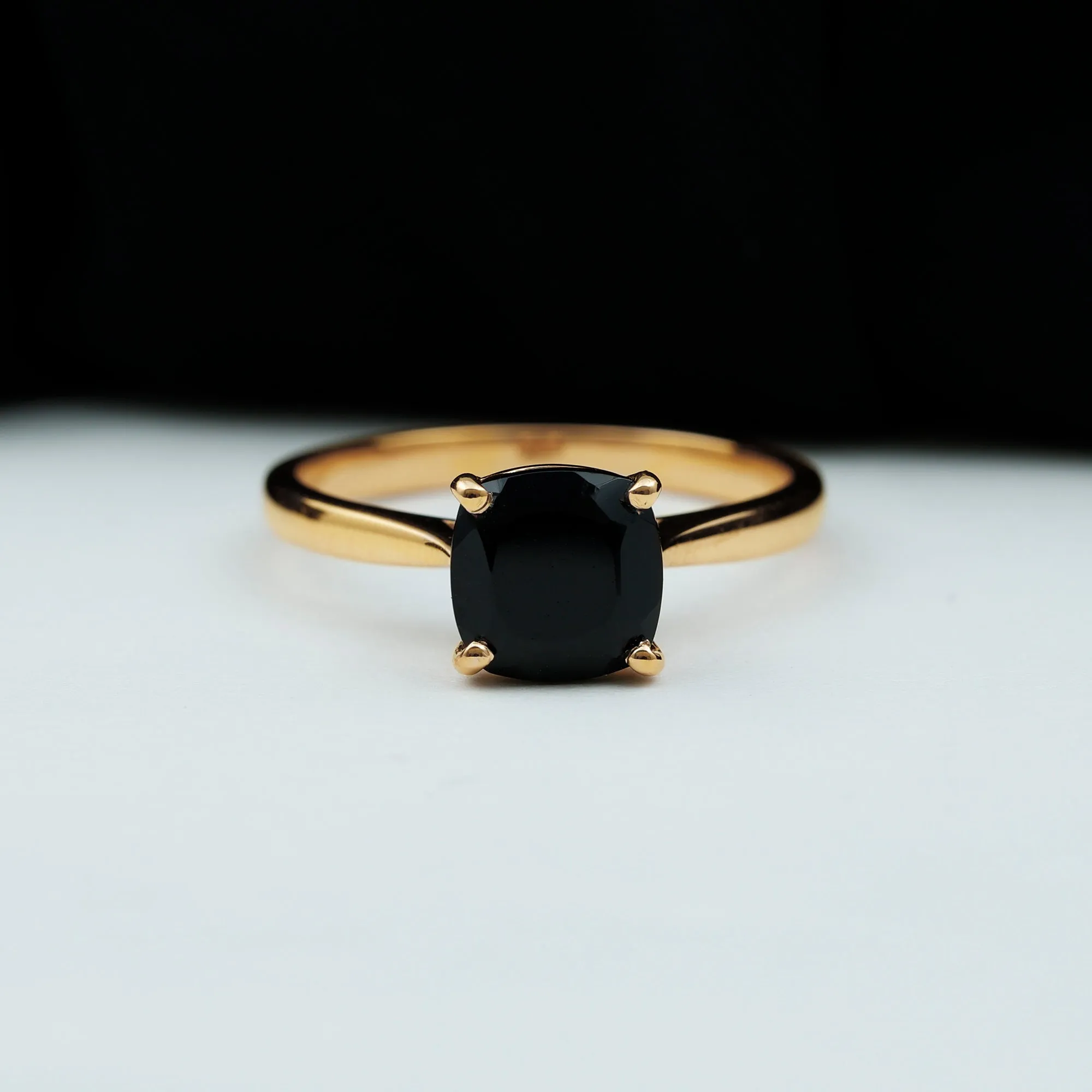 Cushion Cut Black Spinel Solitaire Ring with Surprise Diamond