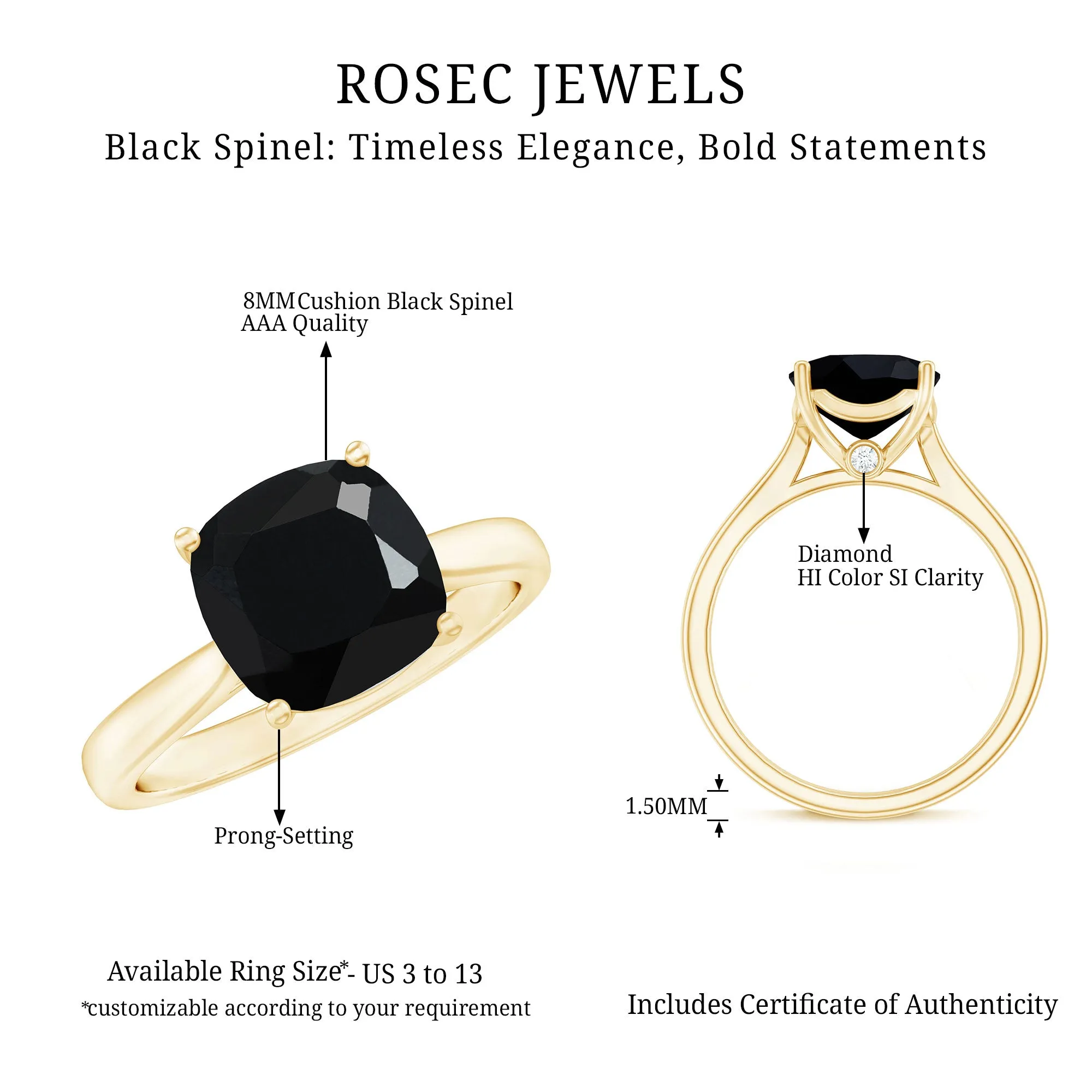 Cushion Cut Black Spinel Solitaire Ring with Surprise Diamond