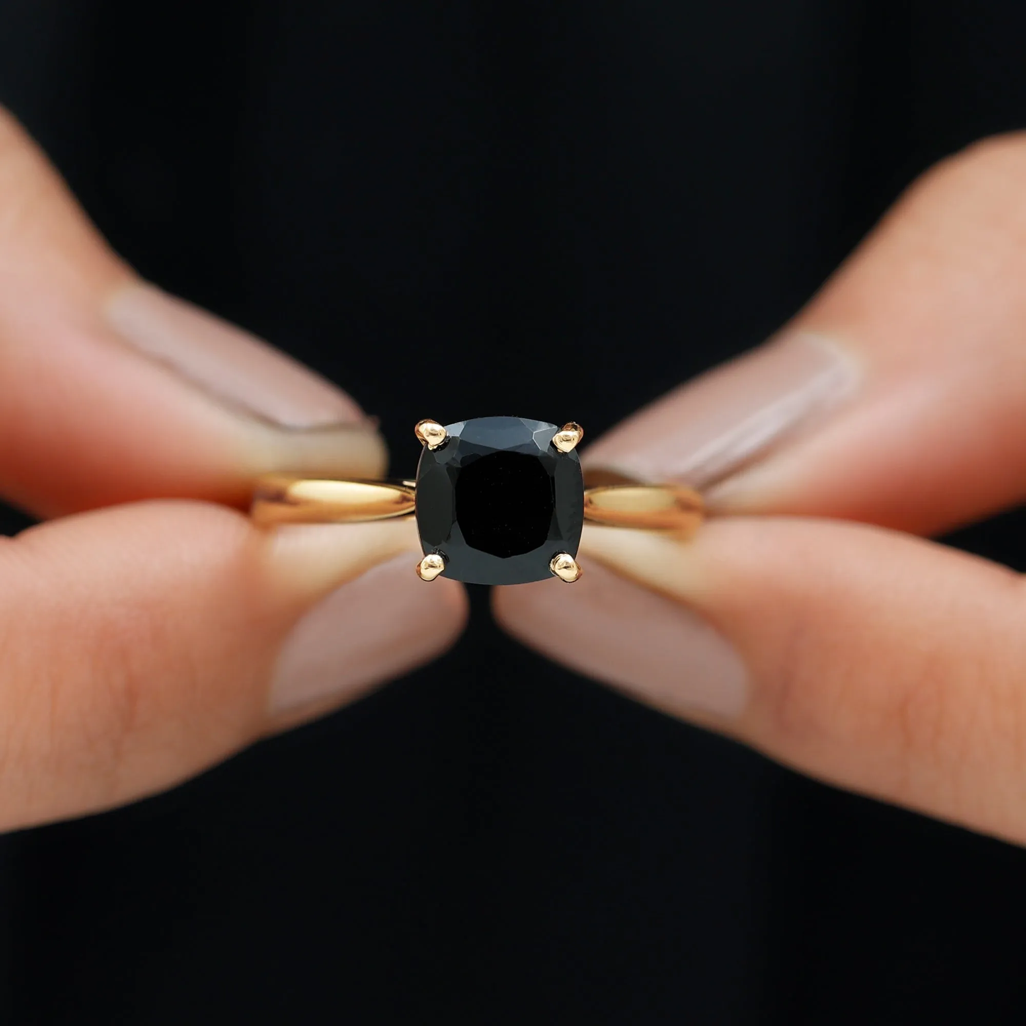 Cushion Cut Black Spinel Solitaire Ring with Surprise Diamond