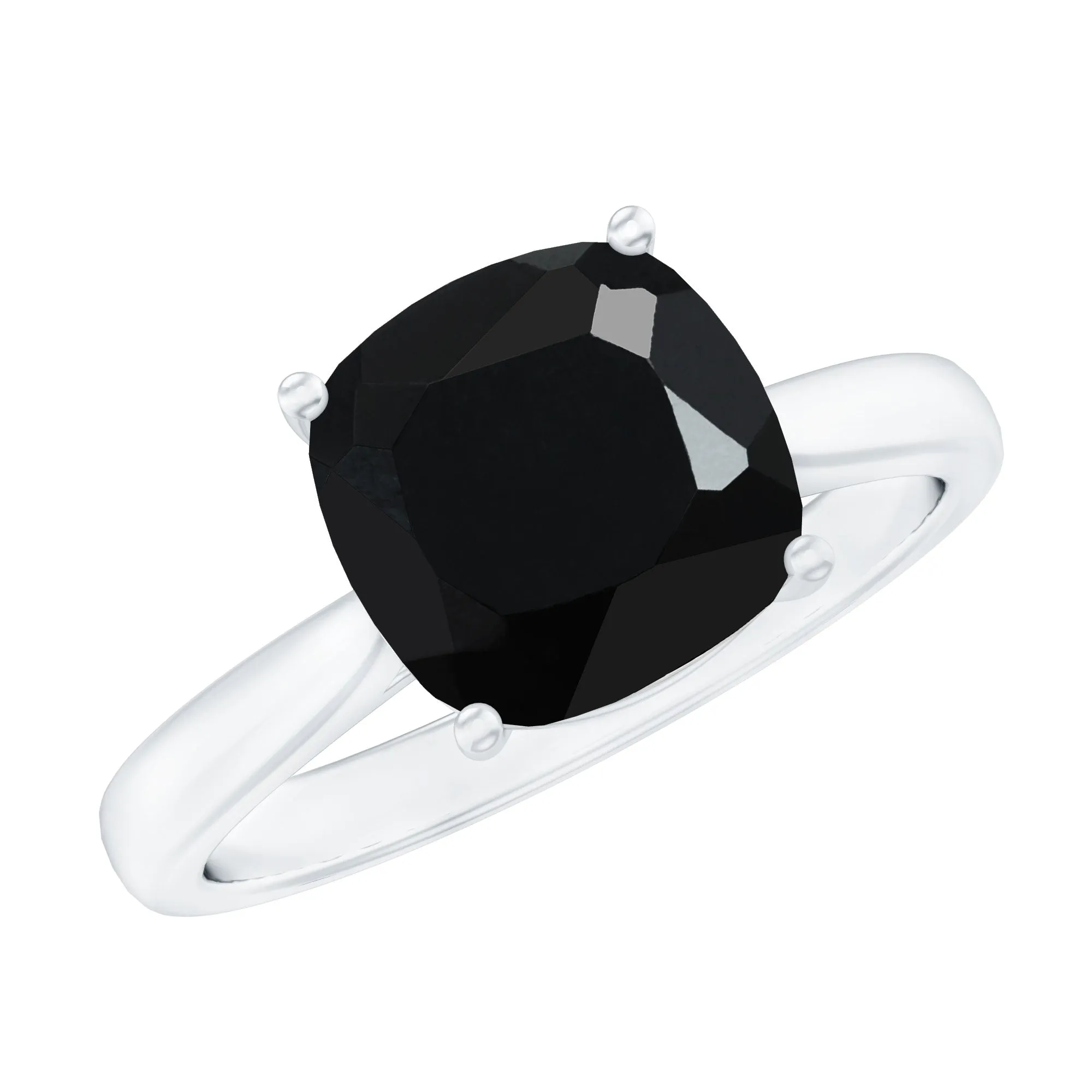 Cushion Cut Black Spinel Solitaire Ring with Surprise Diamond