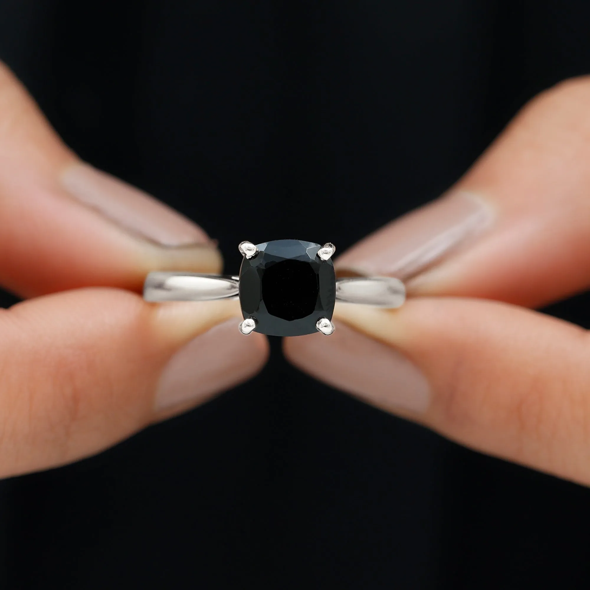Cushion Cut Black Spinel Solitaire Ring with Surprise Diamond