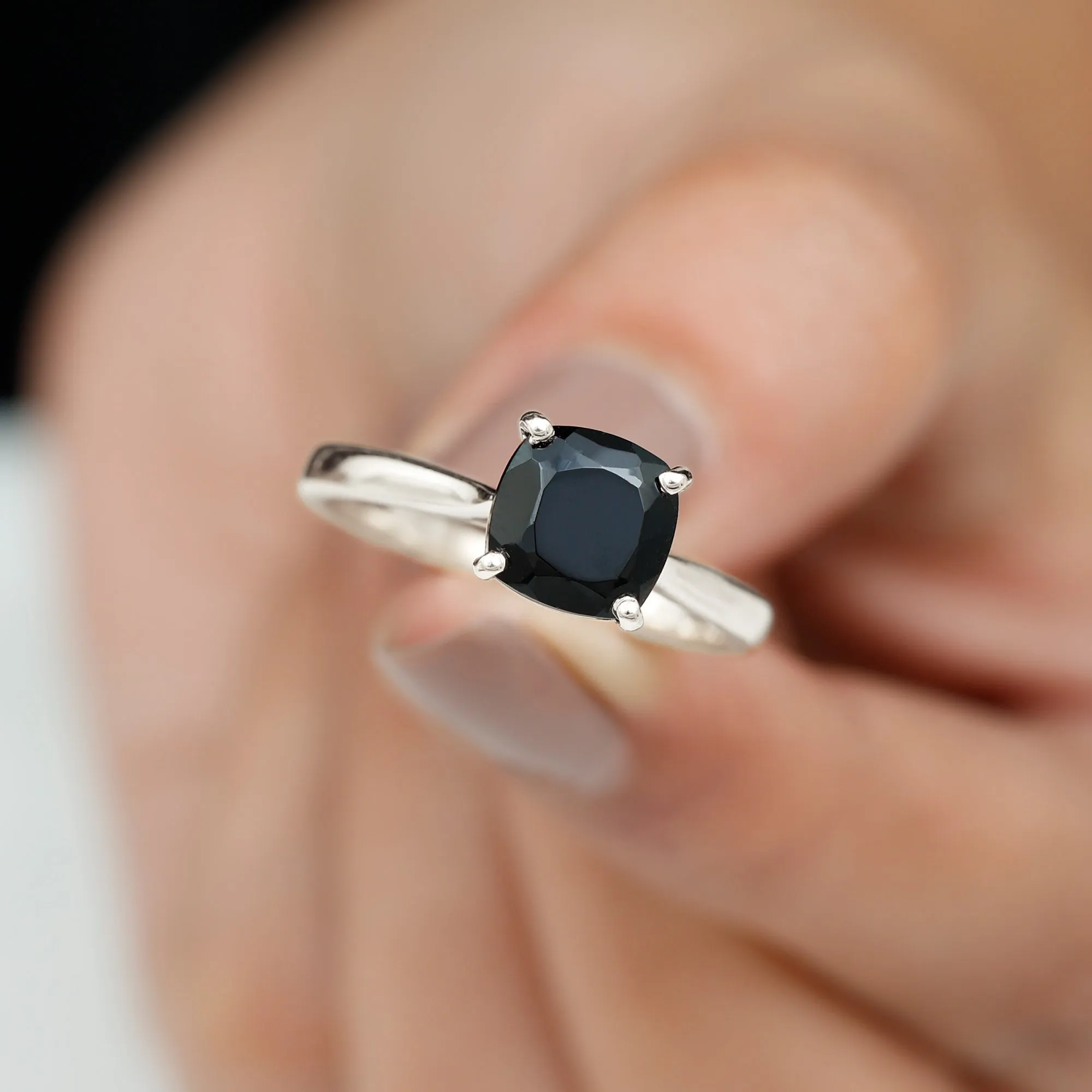 Cushion Cut Black Spinel Solitaire Ring with Surprise Diamond