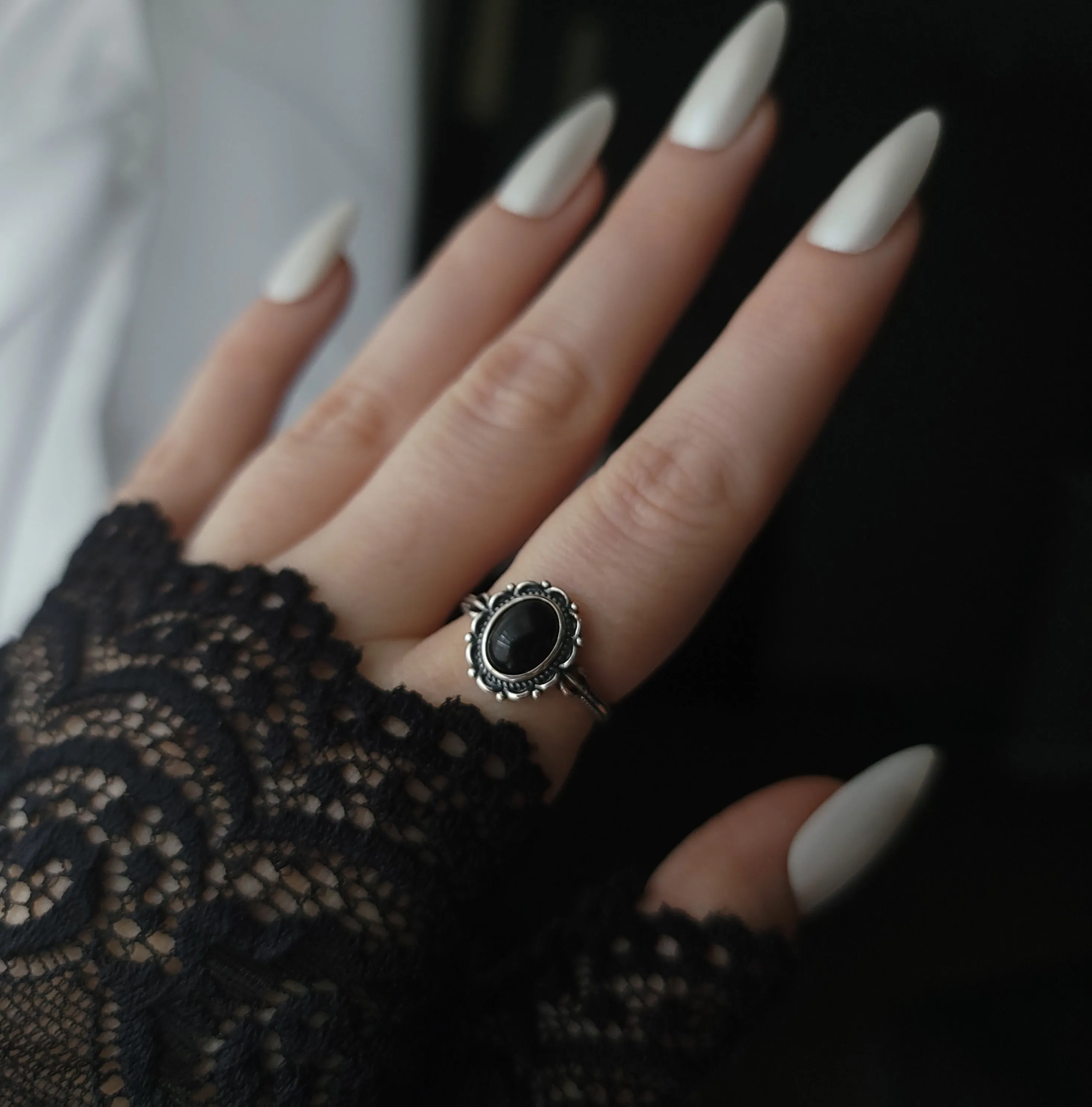 Dahlia - Black Agate Ornate Ring - Sterling Silver Ring