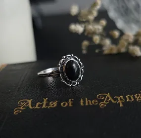 Dahlia - Black Agate Ornate Ring - Sterling Silver Ring
