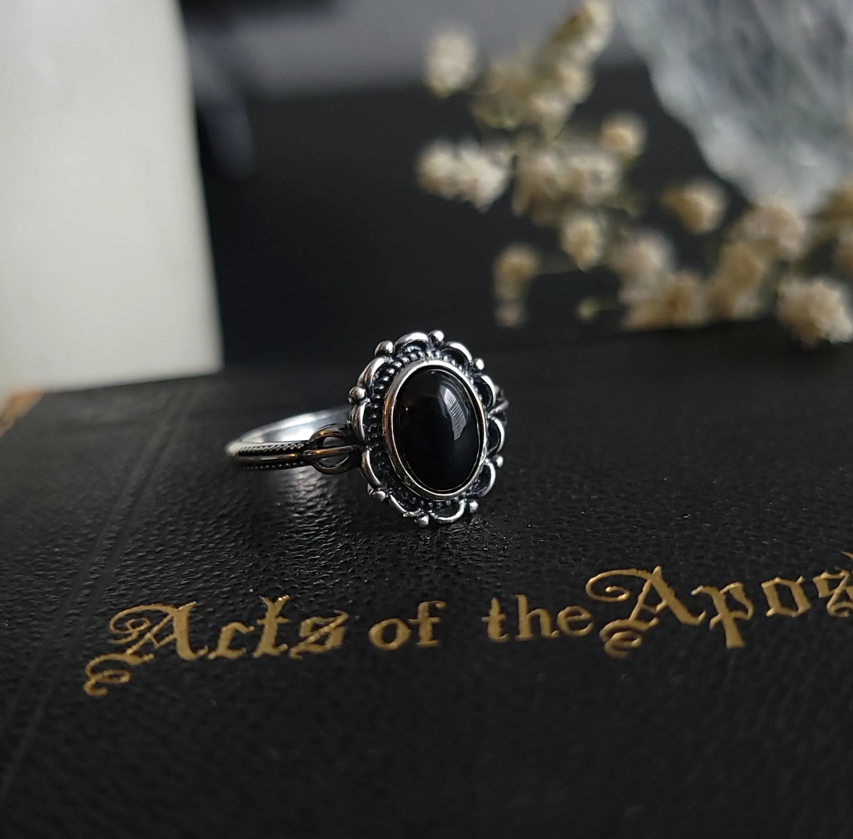Dahlia - Black Agate Ornate Ring - Sterling Silver Ring