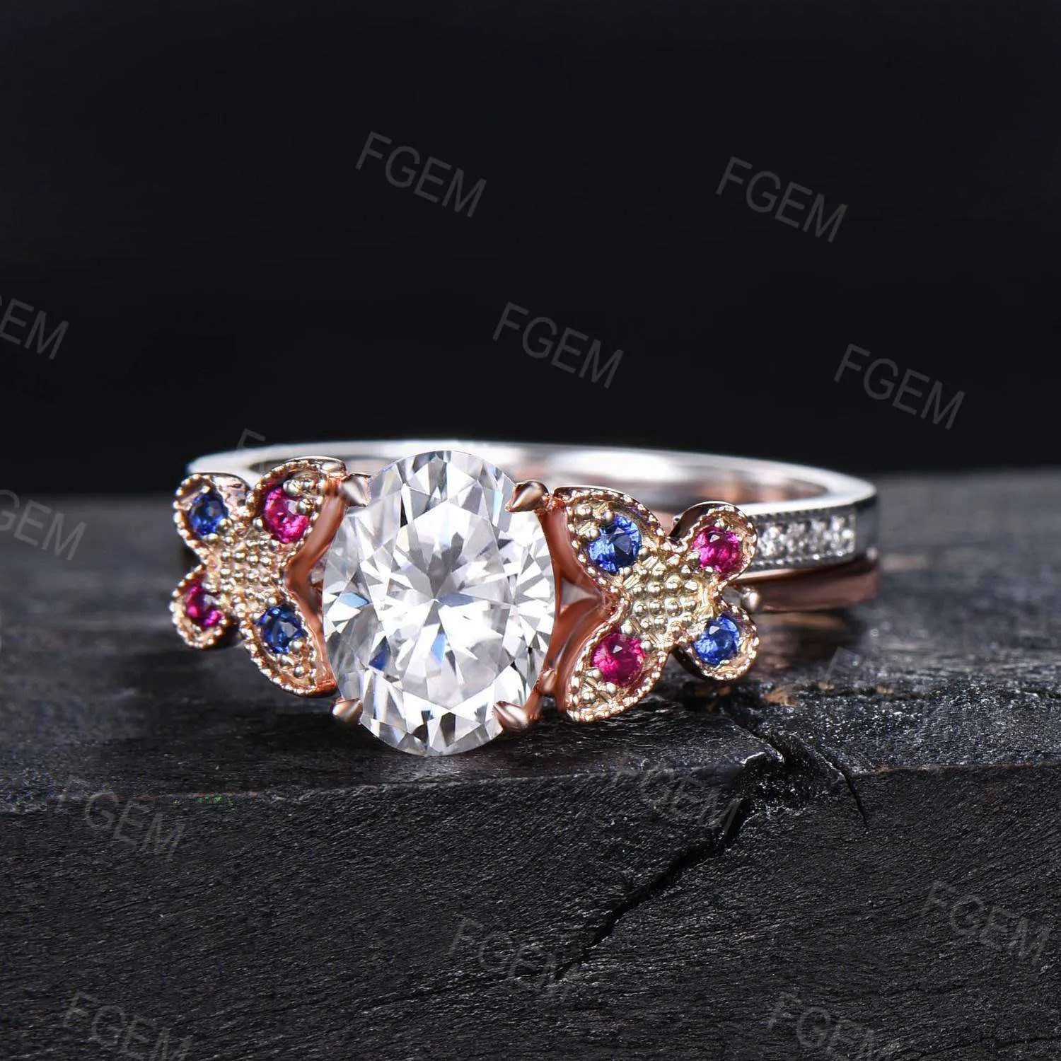 Dainty Butterfly Moissanite Engagement Ring Set 1.5CT Oval Moissanite Bridal Ring 14K Gold Wedding Ring Unique Sapphire Ruby Stacking Ring