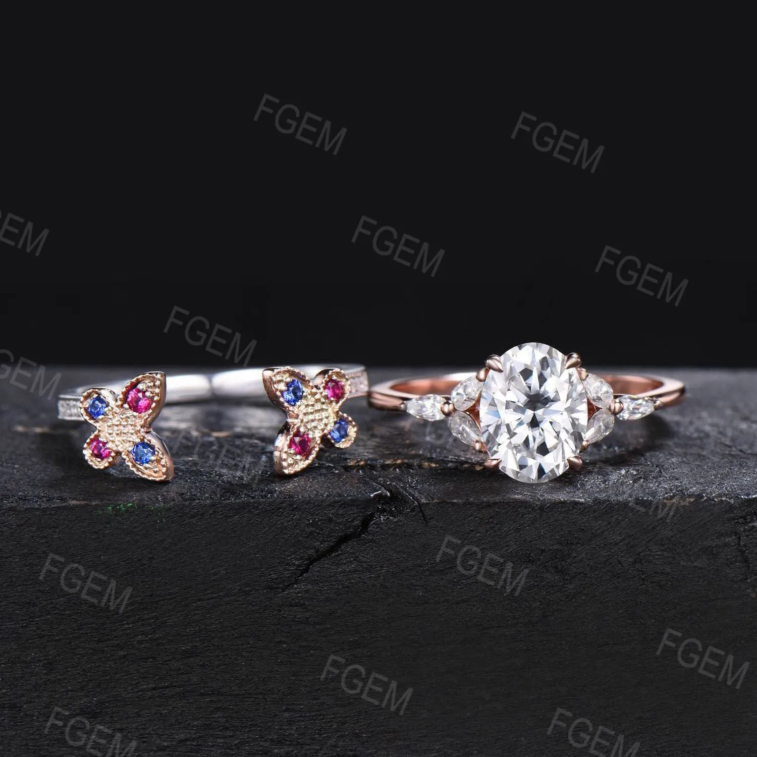 Dainty Butterfly Moissanite Engagement Ring Set 1.5CT Oval Moissanite Bridal Ring 14K Gold Wedding Ring Unique Sapphire Ruby Stacking Ring