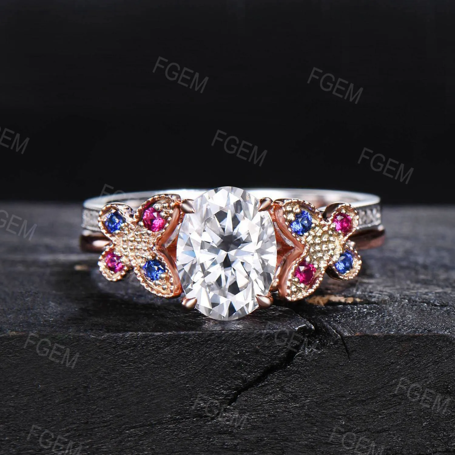 Dainty Butterfly Moissanite Engagement Ring Set 1.5CT Oval Moissanite Bridal Ring 14K Gold Wedding Ring Unique Sapphire Ruby Stacking Ring