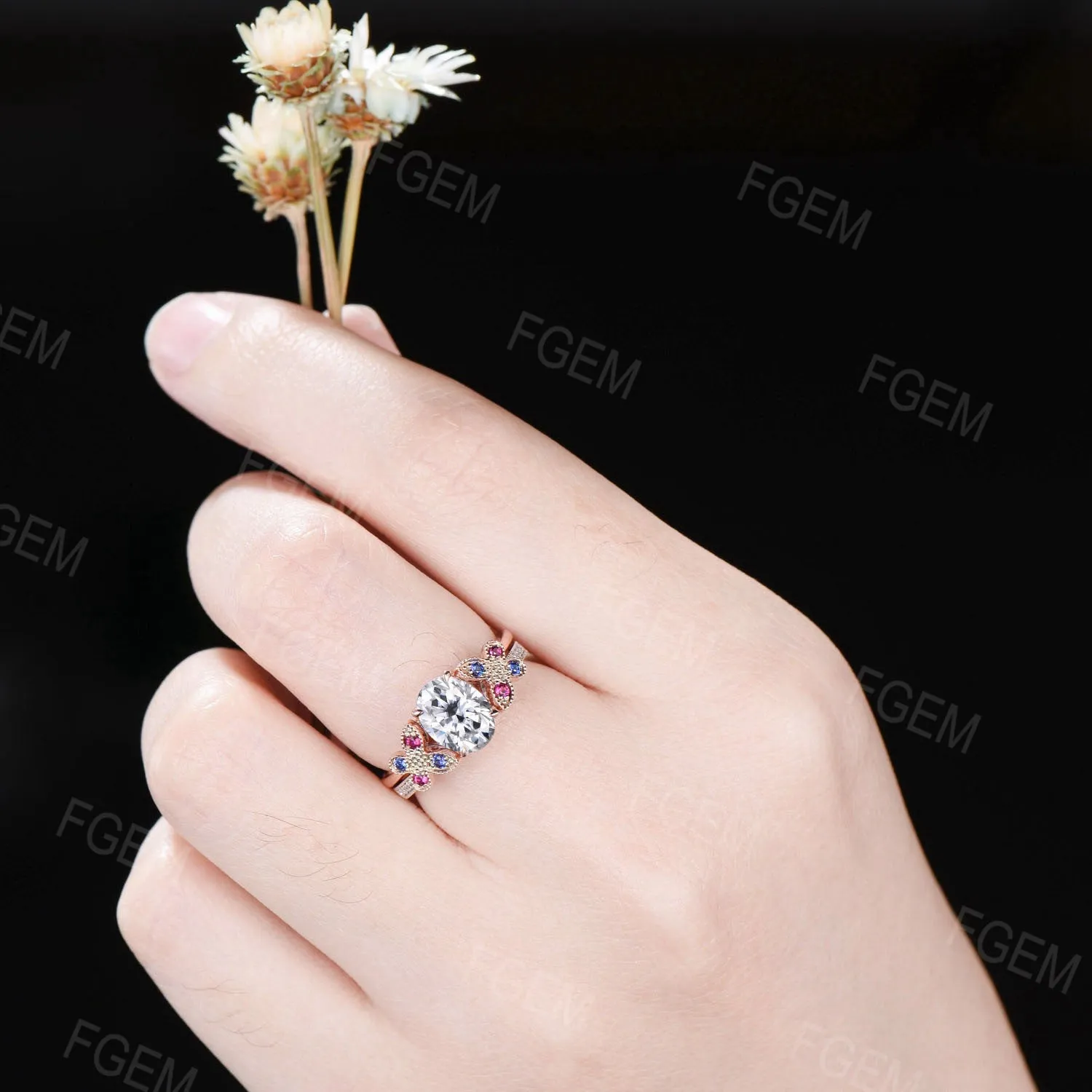 Dainty Butterfly Moissanite Engagement Ring Set 1.5CT Oval Moissanite Bridal Ring 14K Gold Wedding Ring Unique Sapphire Ruby Stacking Ring