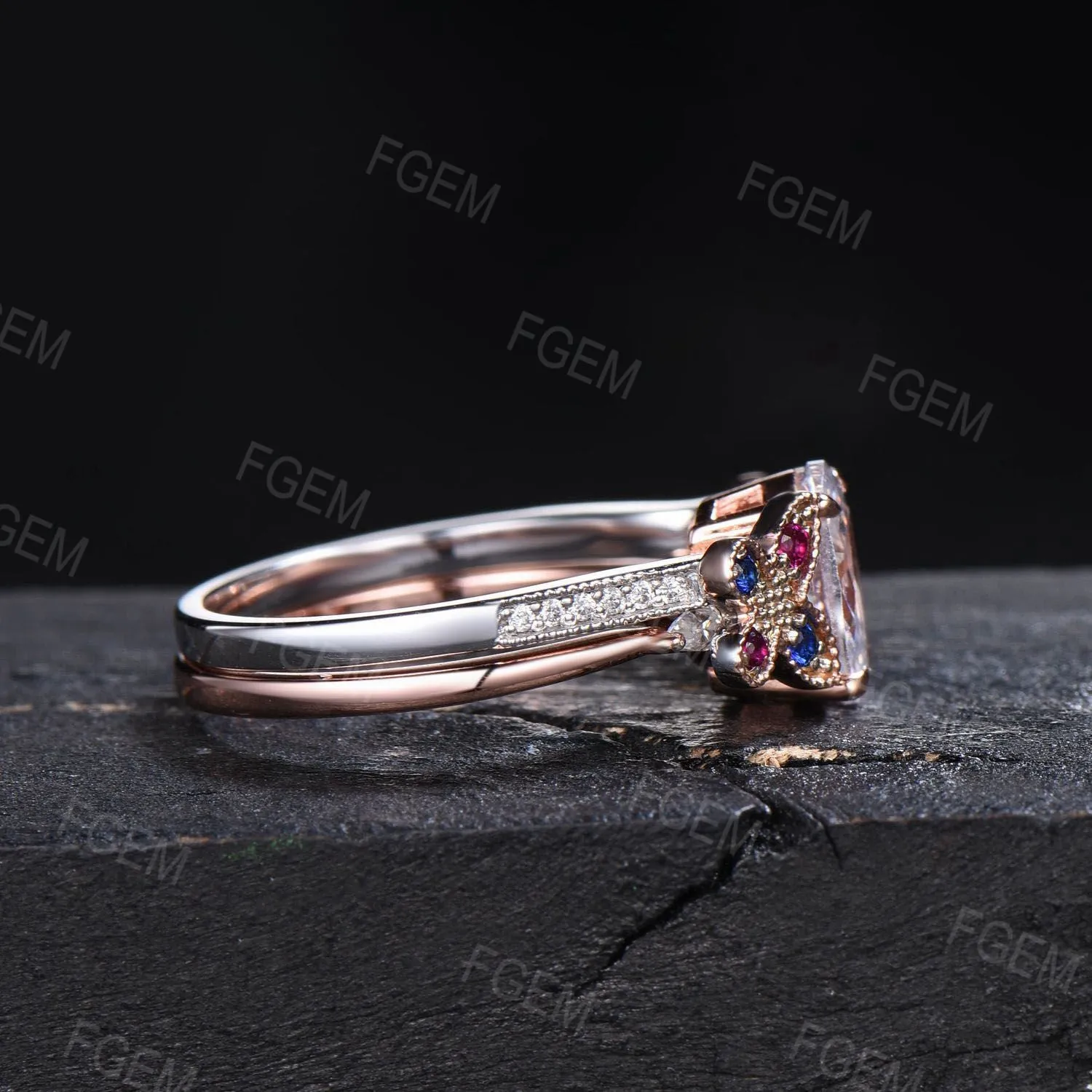 Dainty Butterfly Moissanite Engagement Ring Set 1.5CT Oval Moissanite Bridal Ring 14K Gold Wedding Ring Unique Sapphire Ruby Stacking Ring