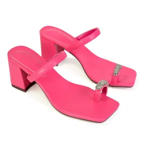 Daiquiri Double Strap Square Toe Ring Block Heel Sandals in Fuchsia