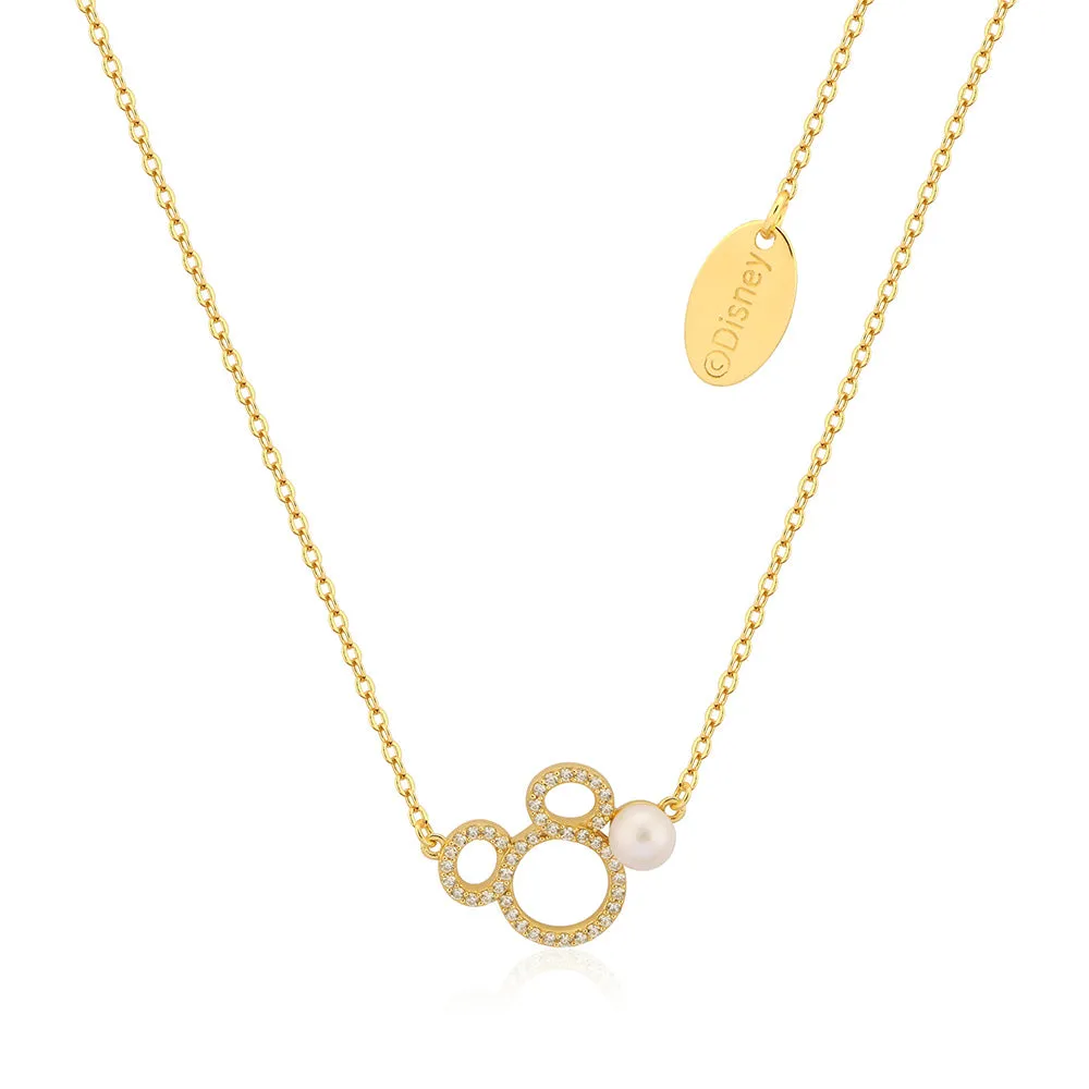 Disney Gold Plated Sterling Silver Mickey CZ Outline With Pearl Pendant On Chain
