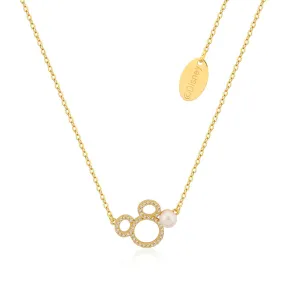 Disney Gold Plated Sterling Silver Mickey CZ Outline With Pearl Pendant On Chain