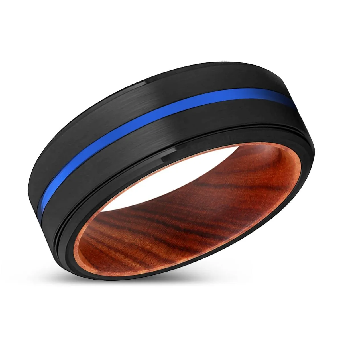 DOC | IRON Wood, Black Tungsten Ring, Blue Groove, Stepped Edge