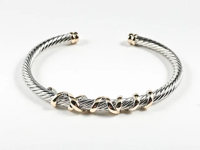 Elegant Cable Wire Band Gold Tone Open Spiral Design Two Tone Brass Cuff Bangle