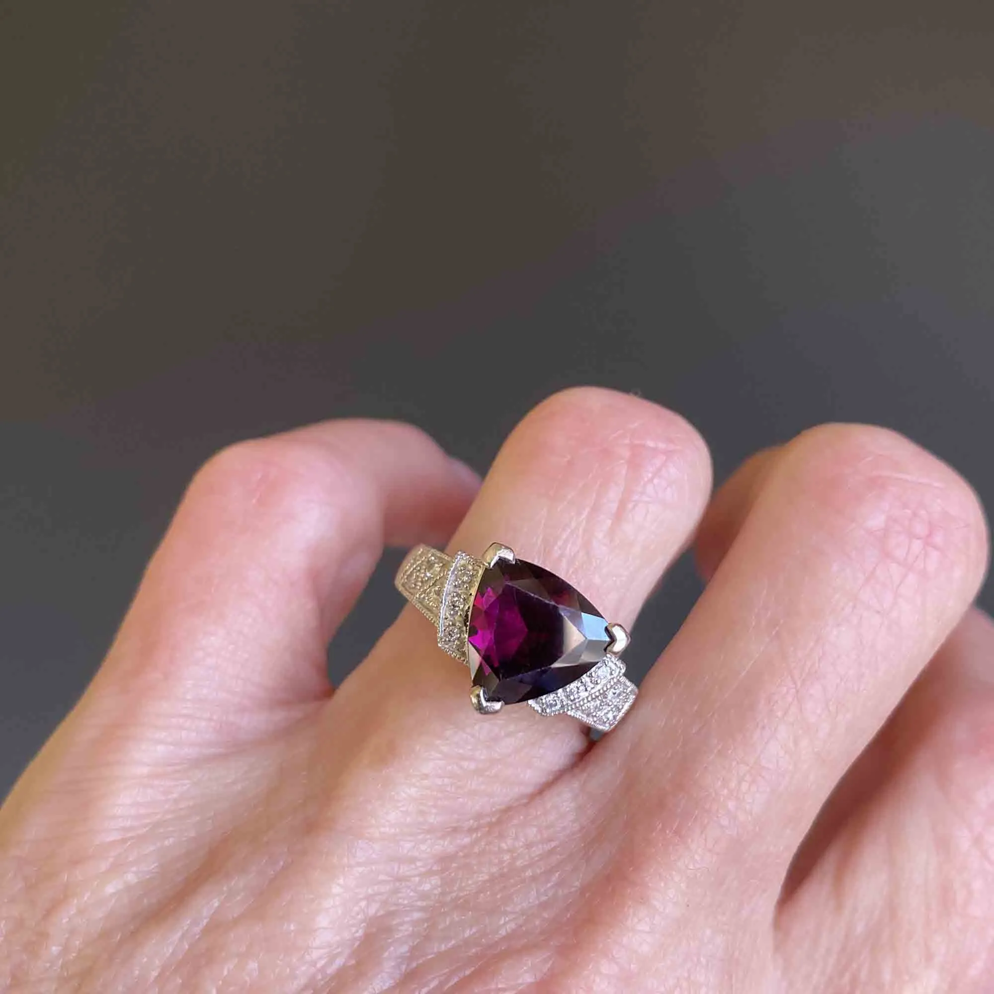 Estate Diamond Trillion Cut Amethyst Ring in 14K White Gold