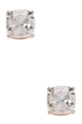 Faceted Glass Square Jewel Statement Stud Earrings- Clear