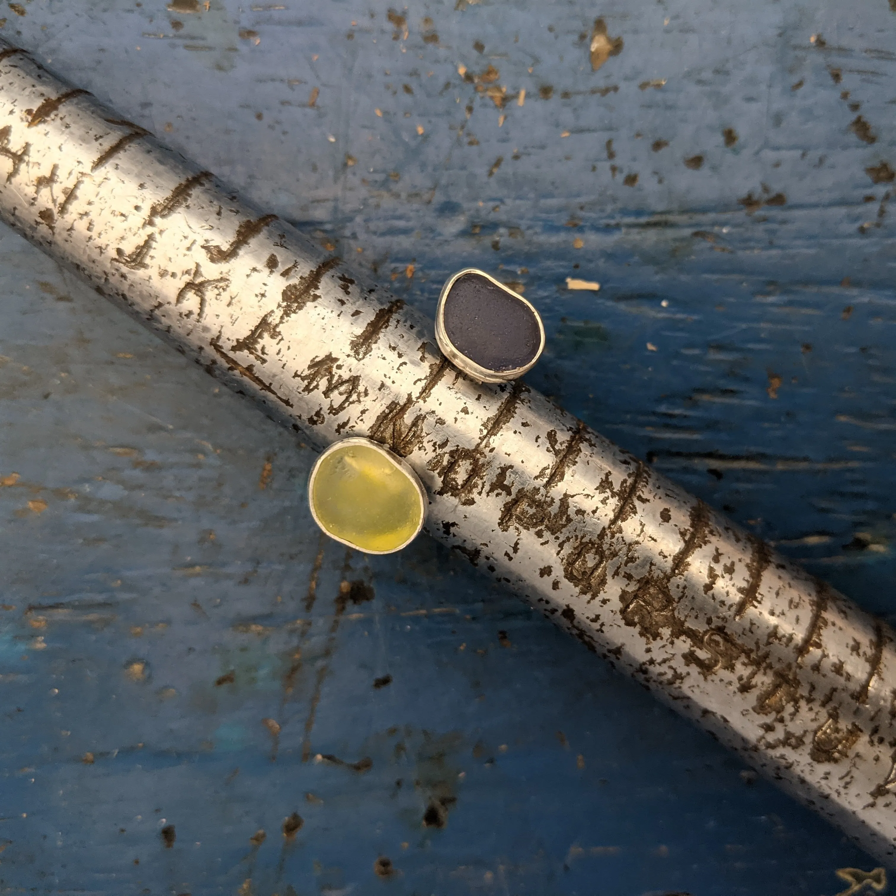 Floating Purple & Yellow Sea glass Shilling Ring