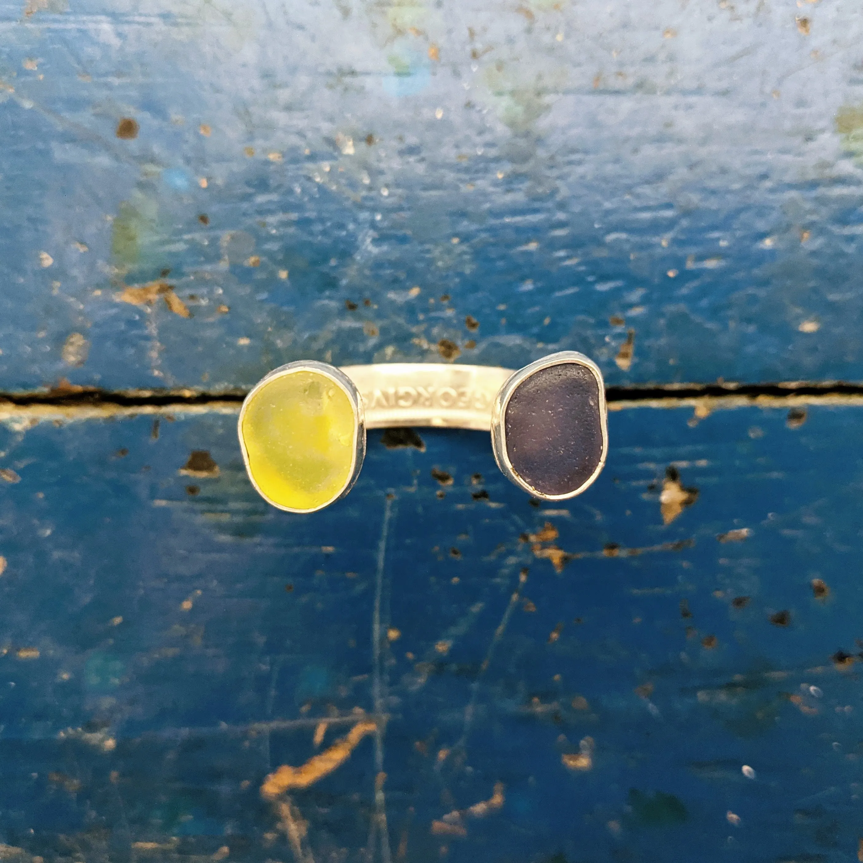 Floating Purple & Yellow Sea glass Shilling Ring