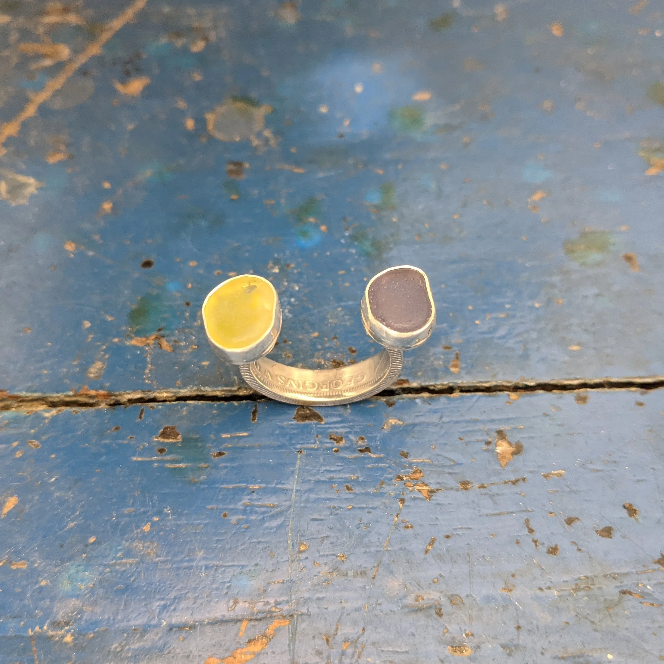 Floating Purple & Yellow Sea glass Shilling Ring