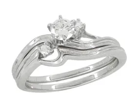 Flowing Waves Diamond Vintage Wedding and Engagement Ring Set in 14 Karat White Gold
