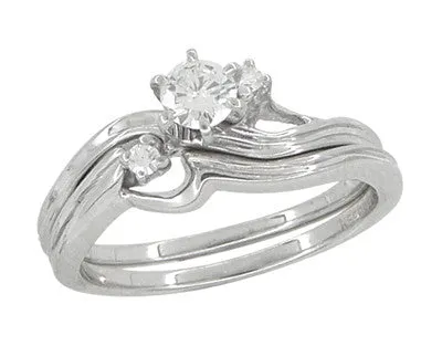 Flowing Waves Diamond Vintage Wedding and Engagement Ring Set in 14 Karat White Gold