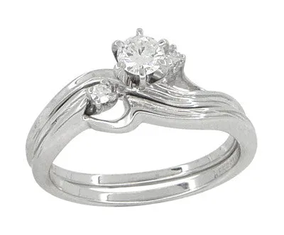 Flowing Waves Diamond Vintage Wedding and Engagement Ring Set in 14 Karat White Gold