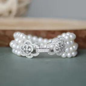 Four Rows Freshwater Pearls CZ Micro Pave Wedding Bracelet, Bridal, Bridesmaids