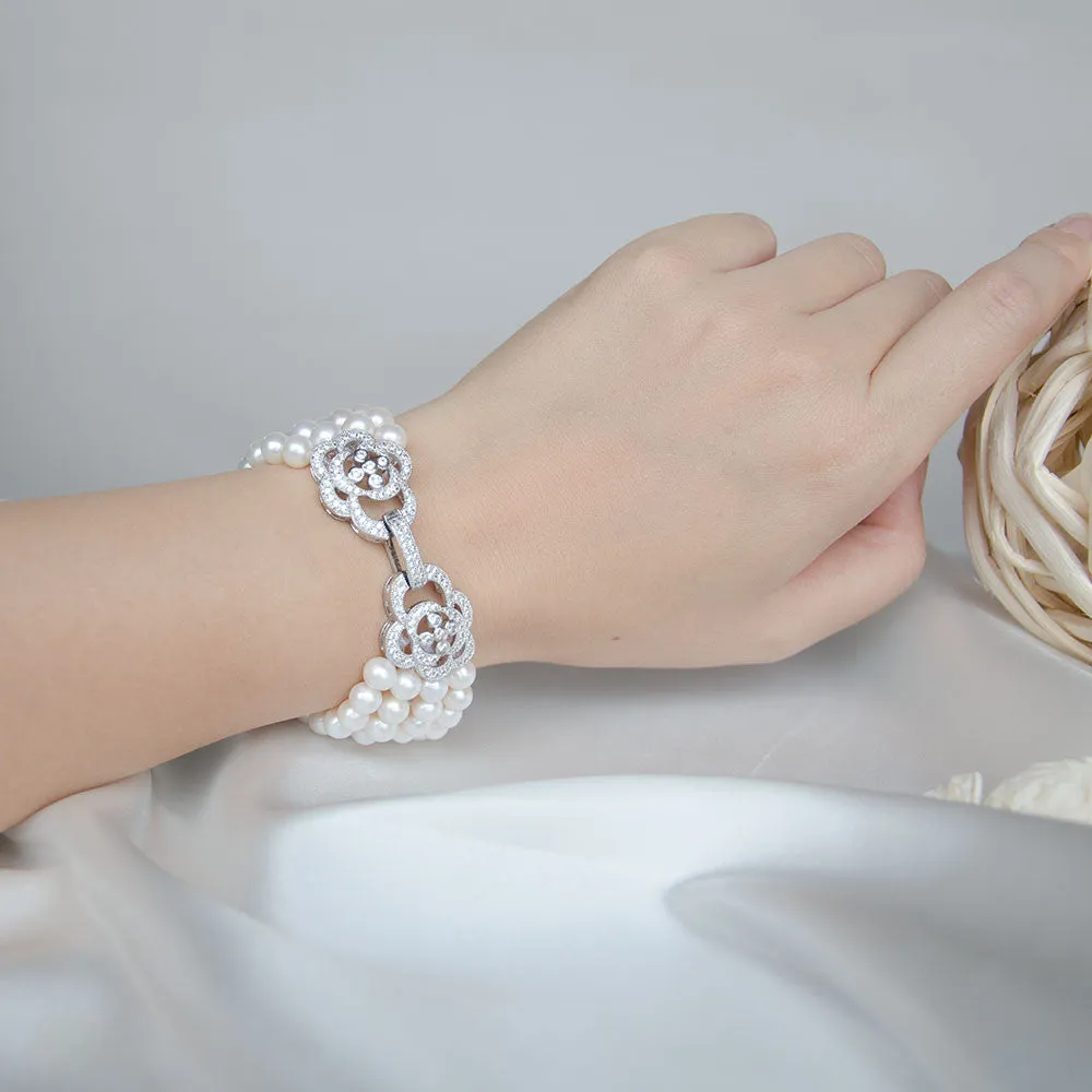Four Rows Freshwater Pearls CZ Micro Pave Wedding Bracelet, Bridal, Bridesmaids