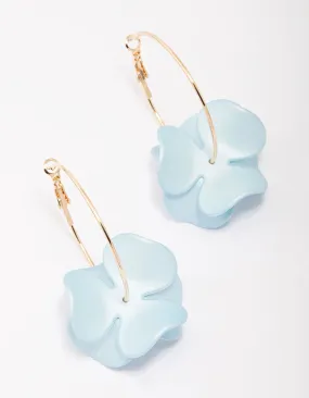 Gold Blue Iridescent Flower Hoop Earrings